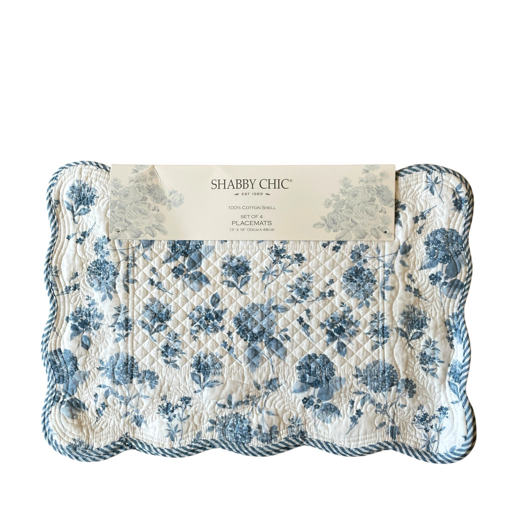 Shabby Chic Placemats Blue Hydrangea Reverse Stripes 13x19 Set of 4 Cotton NEW - Picture 1 of 15